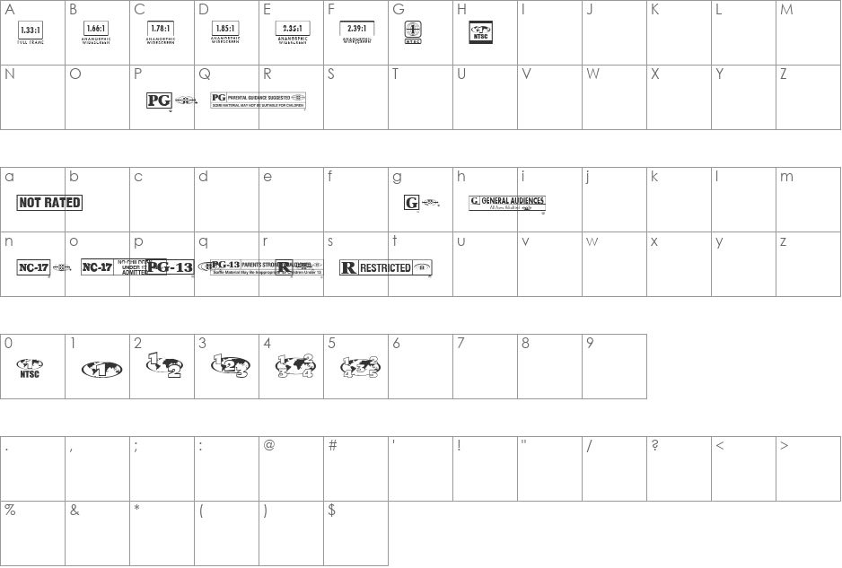 MovieRatingsAndFormats font character map preview