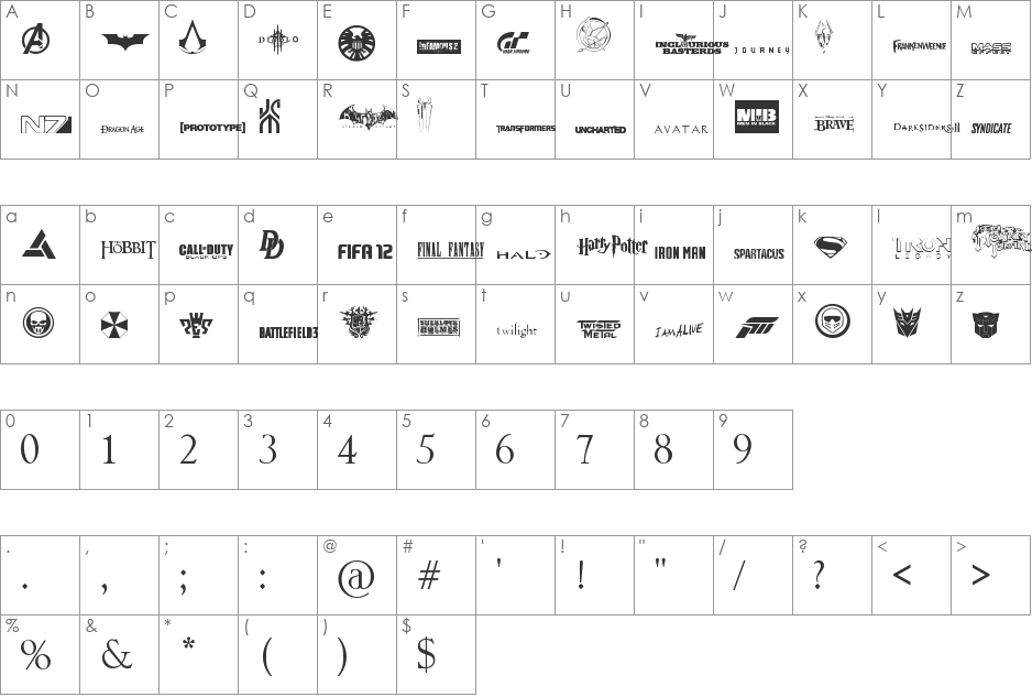 Movies&Games font character map preview