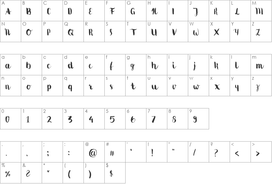 MovusBrushPen font character map preview