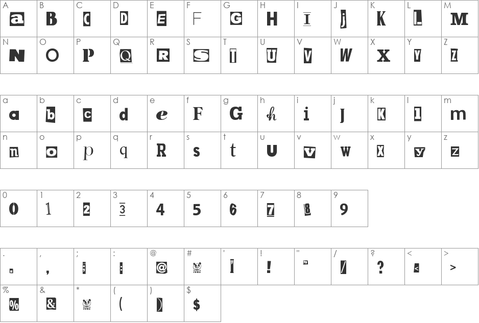 MPF Kidnapped font character map preview