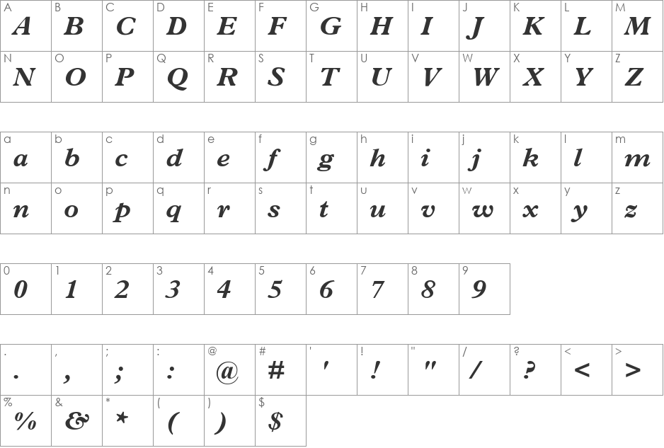 MPlantin-BoldItalic font character map preview