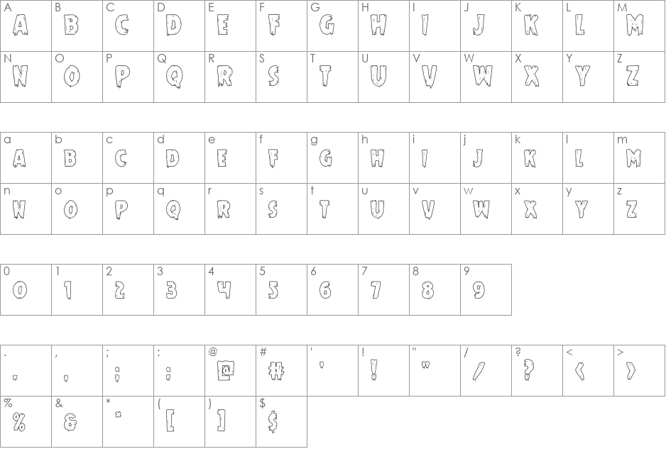 Mrs. Monster Outline font character map preview