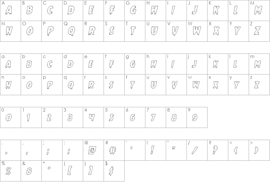Mrs. Monster Outline Italic font character map preview