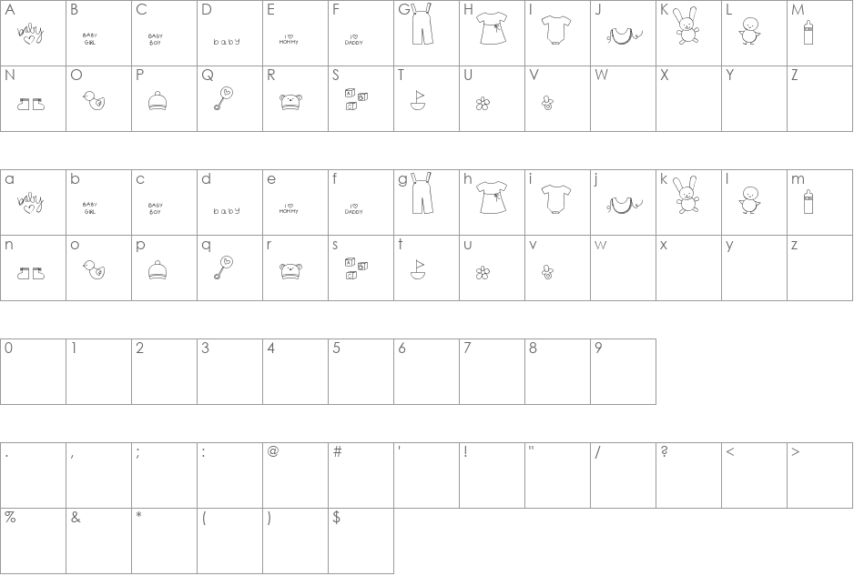MTF Itty Bitty Baby font character map preview