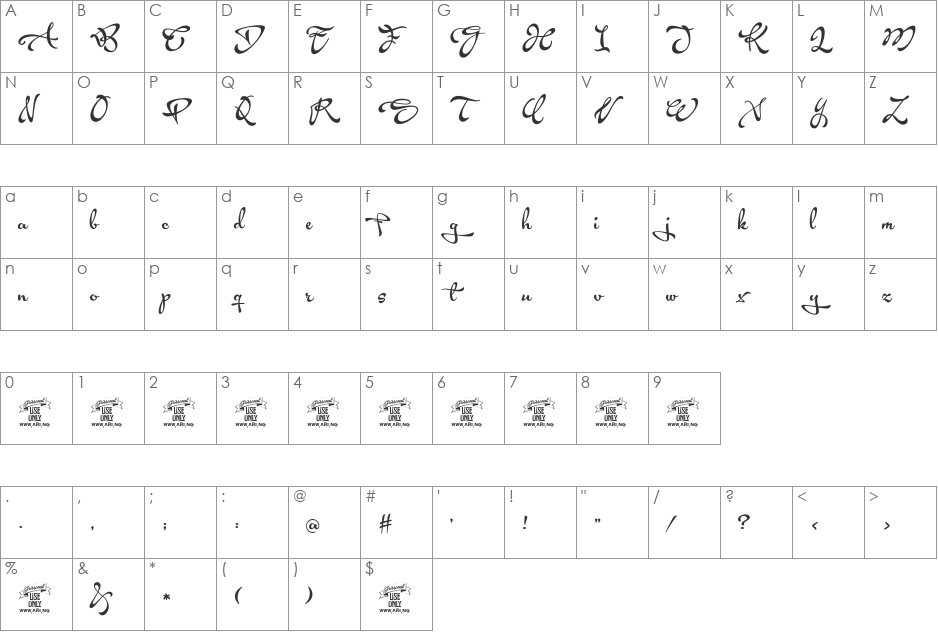 Acryle Script Personal Use font character map preview