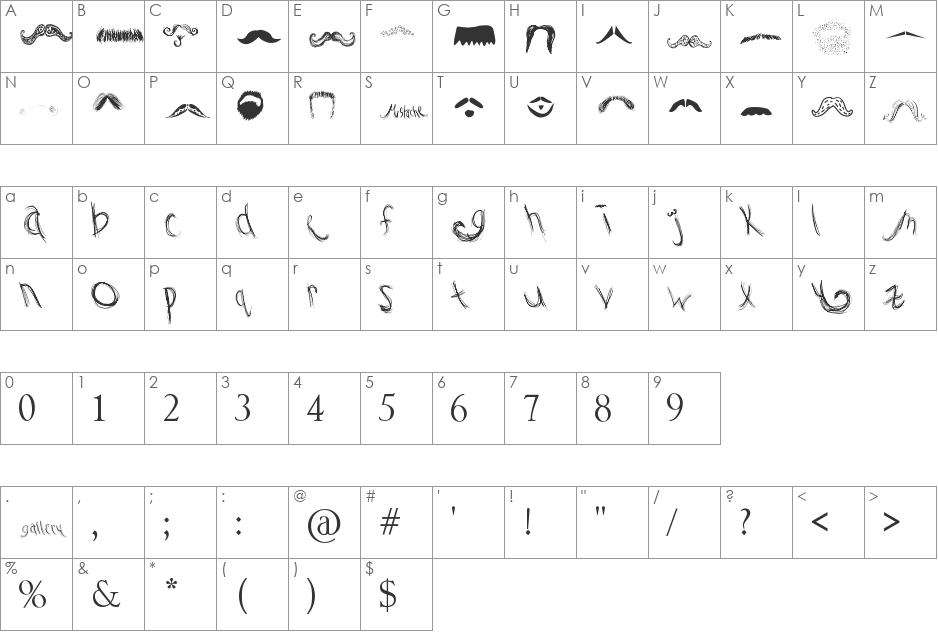 Mustache Gallery font character map preview