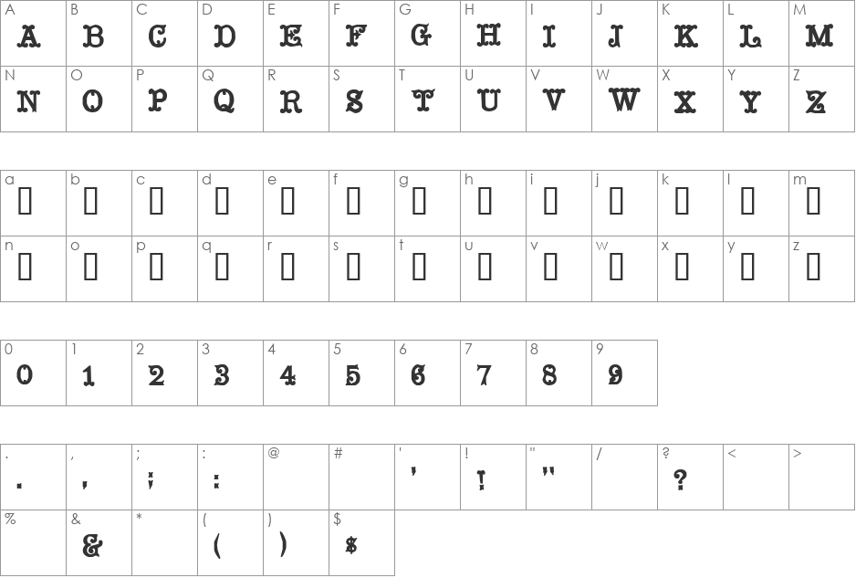 Mustachio font character map preview