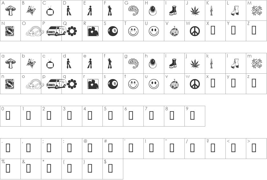 My 70s Ding font character map preview