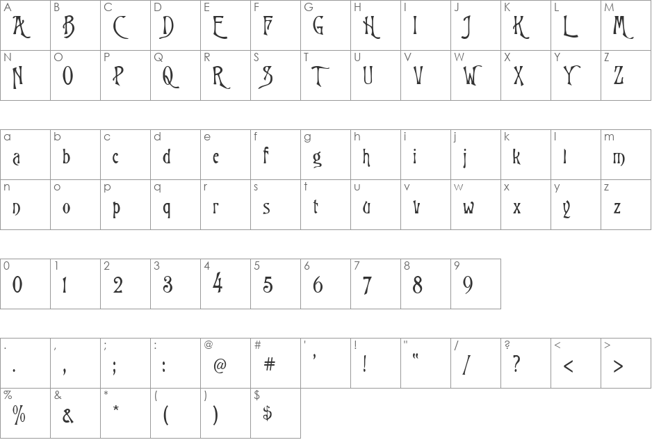 Nachtmere font character map preview