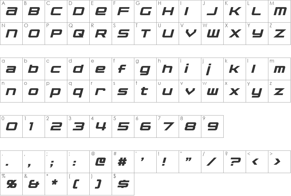 Nakadai font character map preview