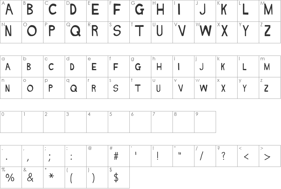 NAKED font character map preview