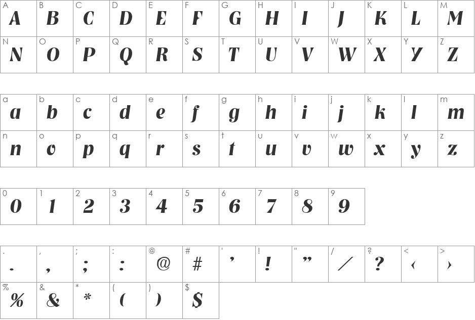 Nashville-DemiBoldIta font character map preview