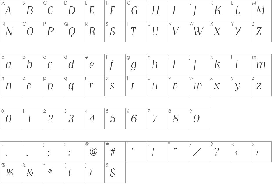 Nashville-XlightIta font character map preview