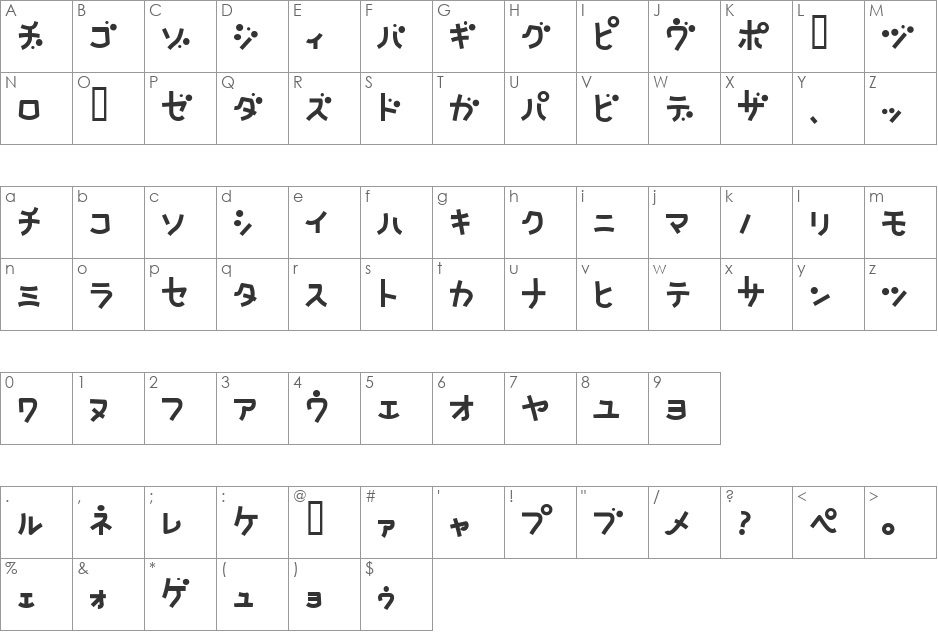 NatsumikanKAT font character map preview