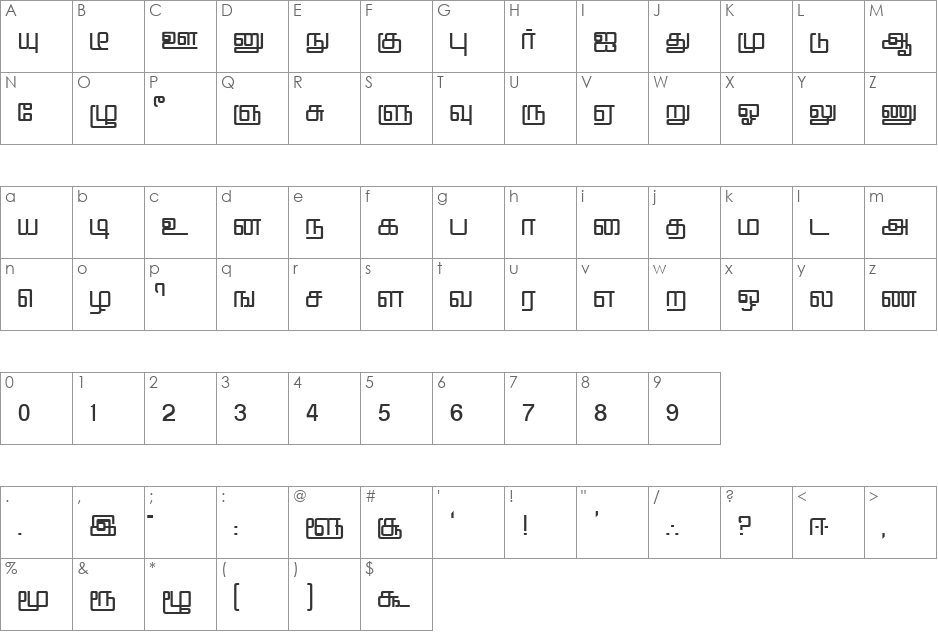Nattai font character map preview