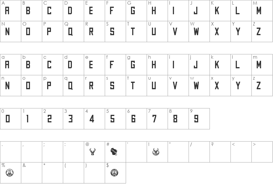 NBA Milwaukee Bucks 2015 font character map preview