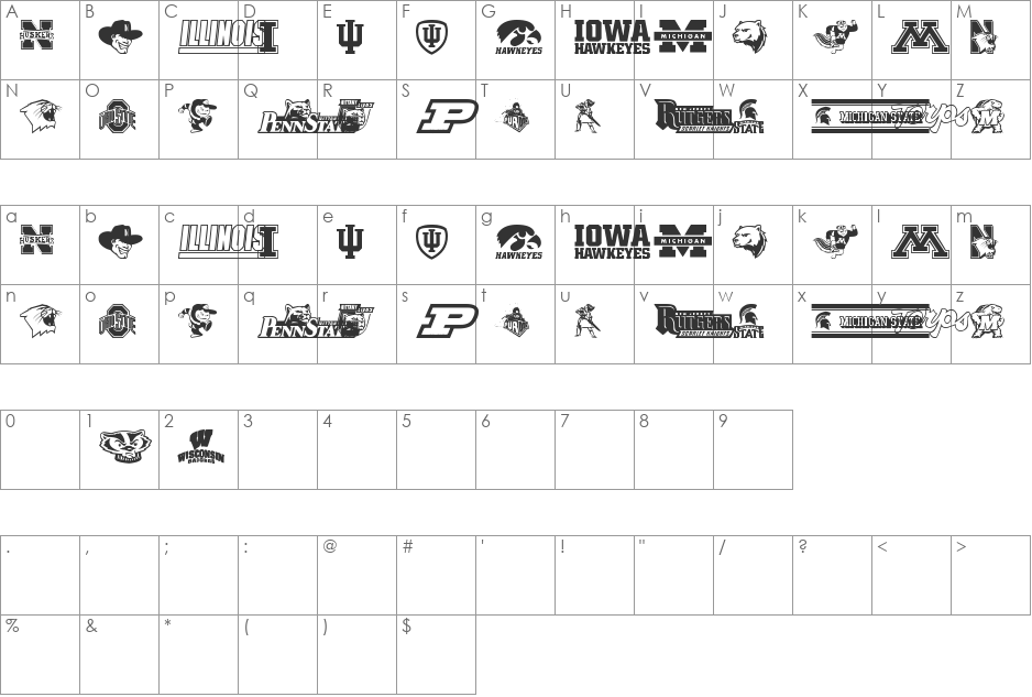 NCAA Big 10 font character map preview