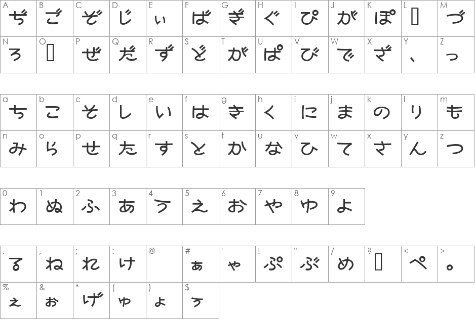 Nekoyanagi font character map preview