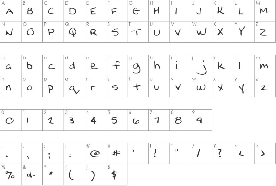 NellysHand font character map preview