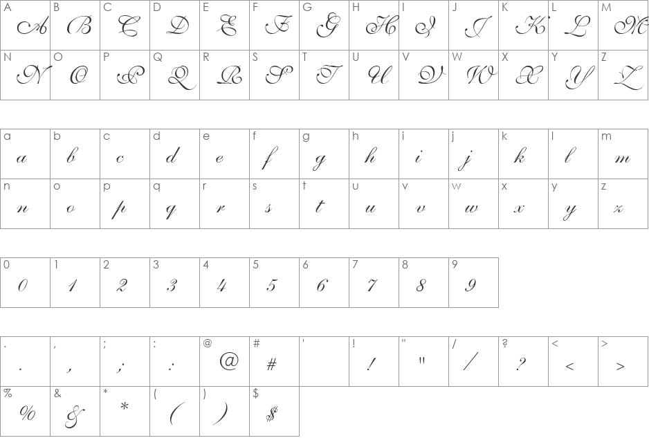 Nelson Script Large font character map preview