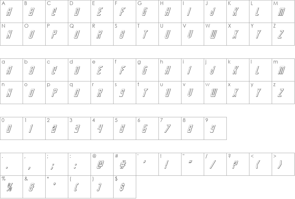 Nemesis Enforcer 3D Italic font character map preview