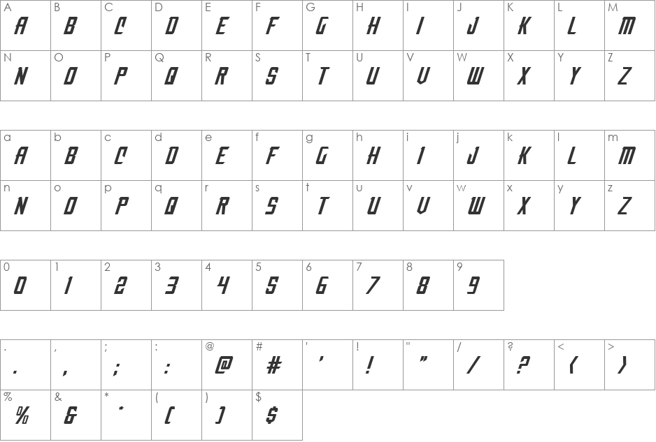 Nemesis Enforcer Expanded Italic font character map preview