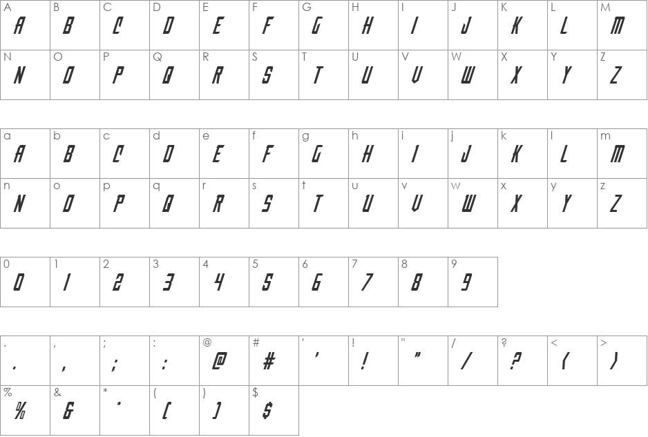 Nemesis Enforcer Italic font character map preview