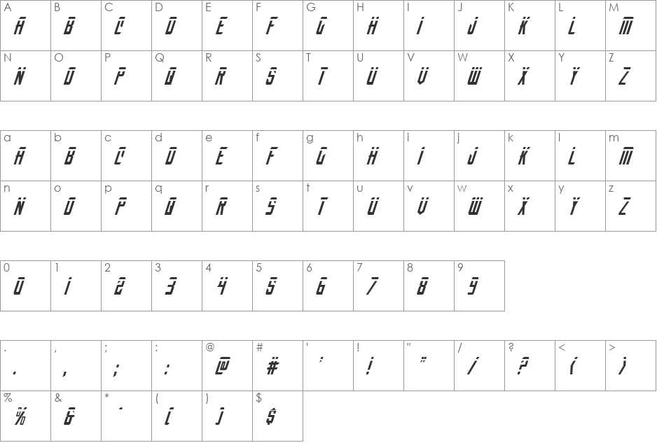 Nemesis Enforcer Laser Italic font character map preview