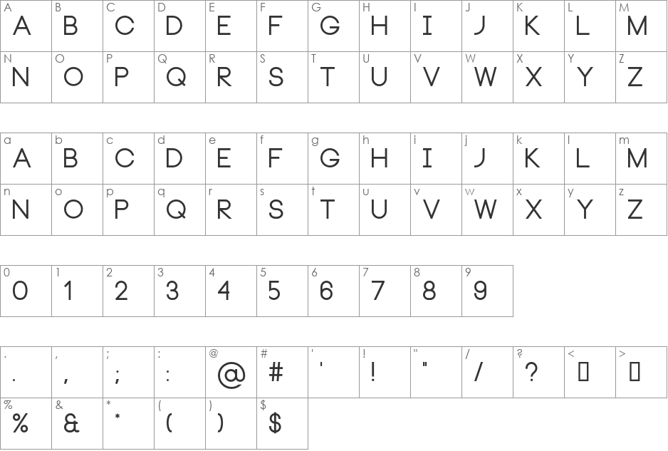 Neou Thin font character map preview