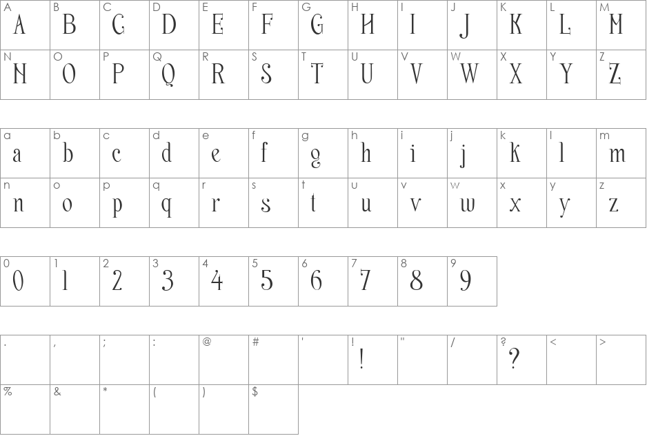 Nerea font character map preview