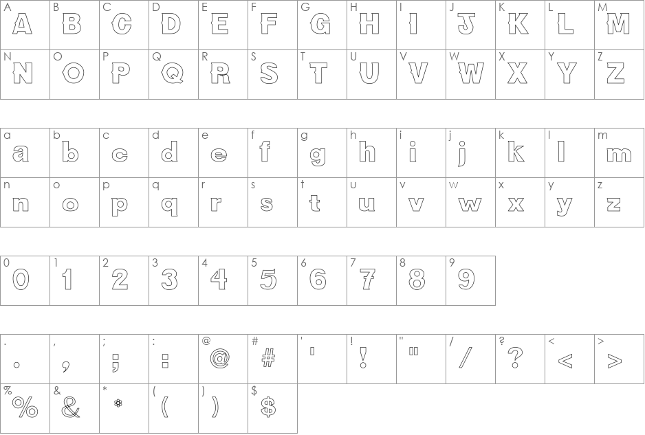 NewBold Hollow font character map preview