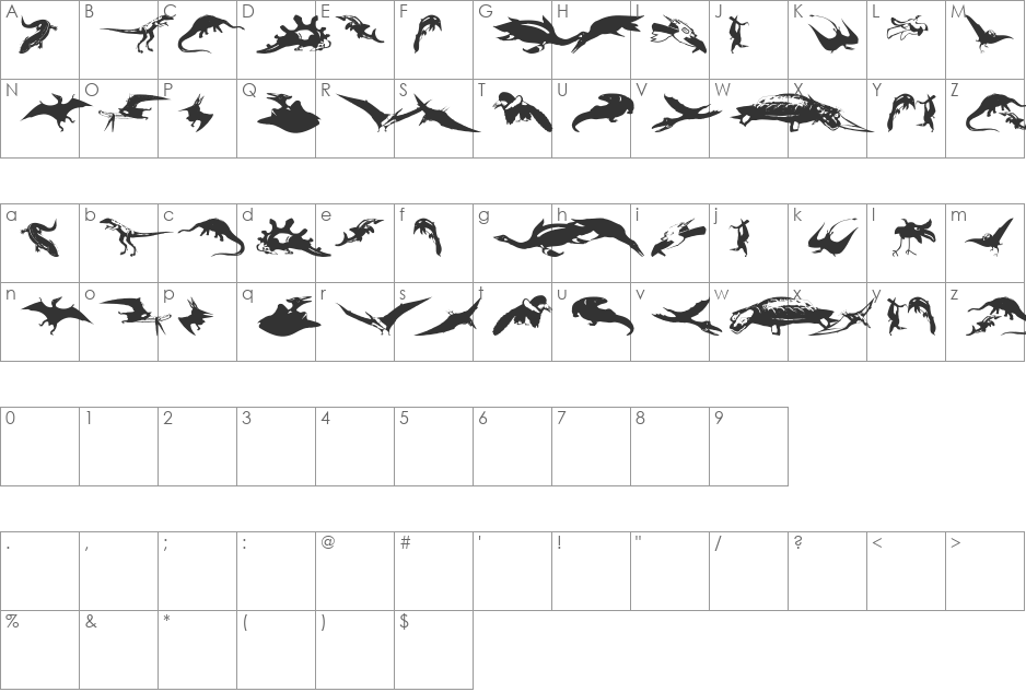 NewDinos font character map preview