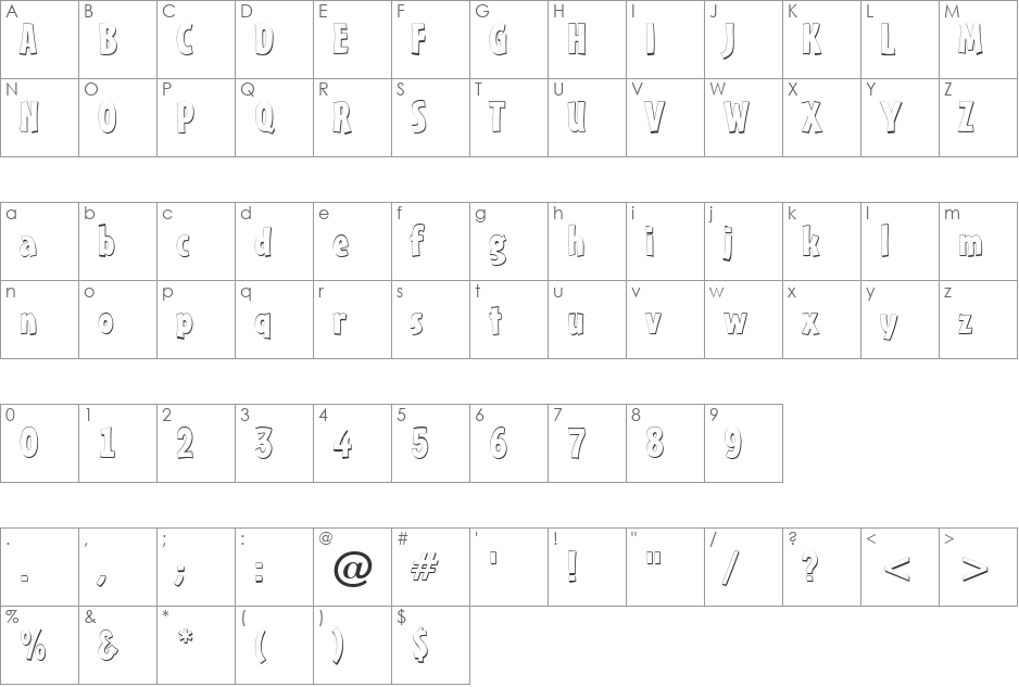 a_Frudger3Dxtr font character map preview
