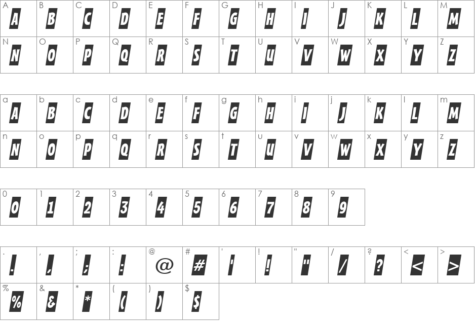 a_FrudgerCmObl font character map preview