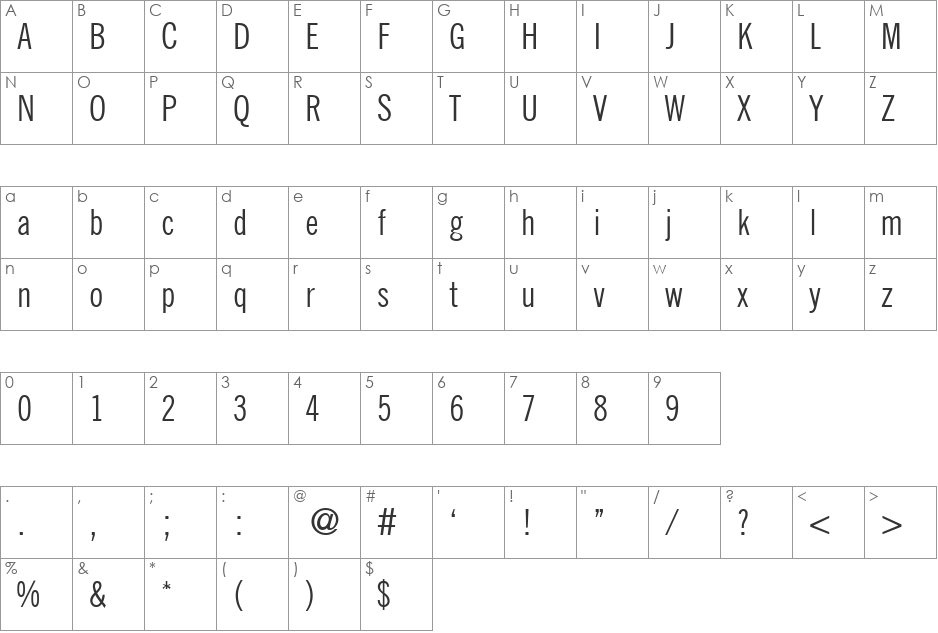 NewsGothicTwoCond font character map preview
