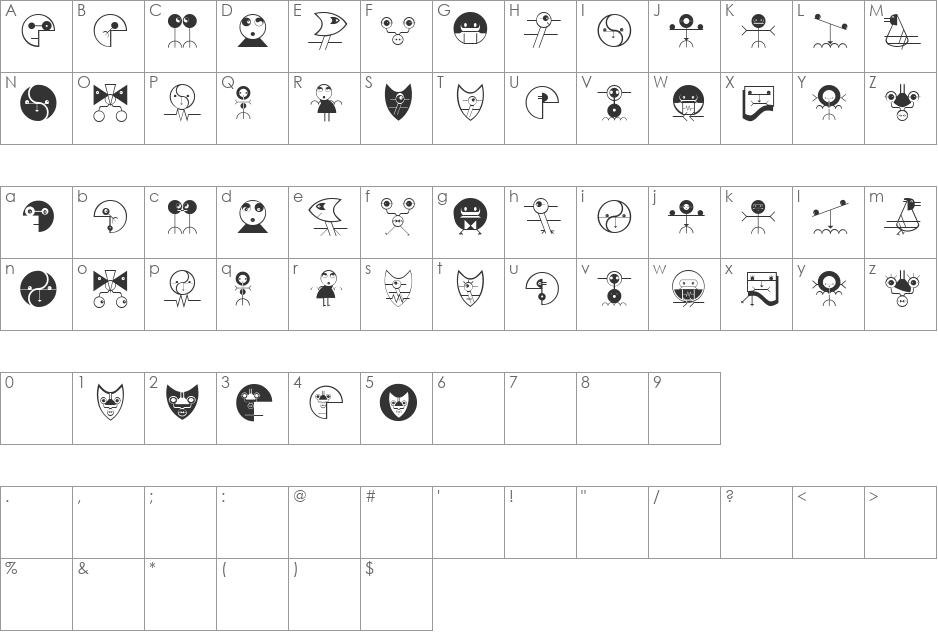 NewTechnoFaces font character map preview