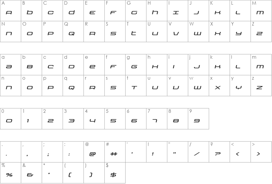 Nextwave Expanded Italic font character map preview