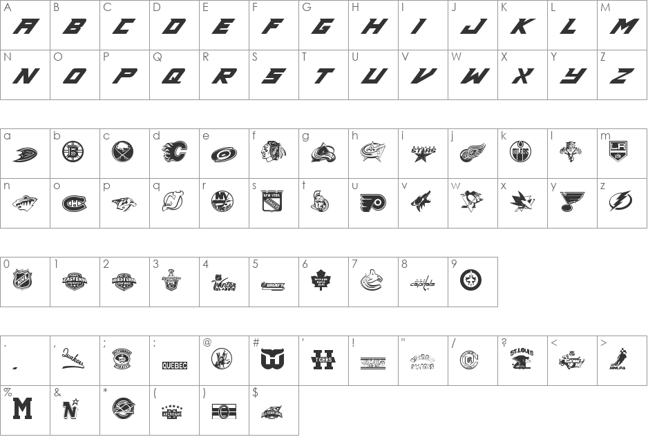NHL font character map preview