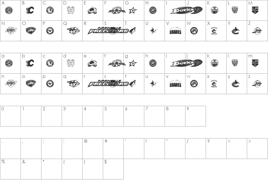 NHL WEST font character map preview