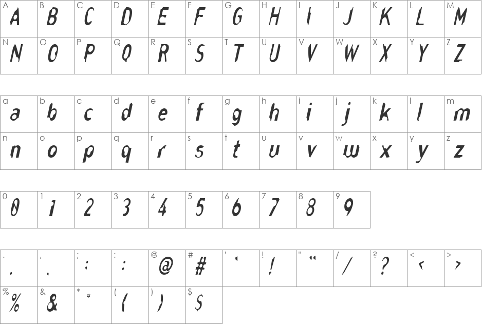 NibblesCondensed font character map preview