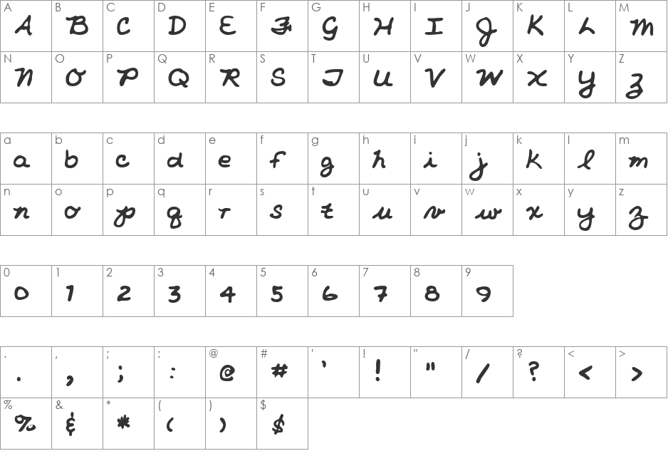 NicholesHand font character map preview