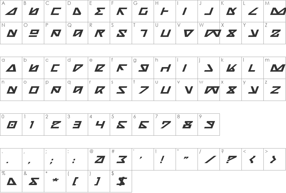 Nick Turbo Italic font character map preview