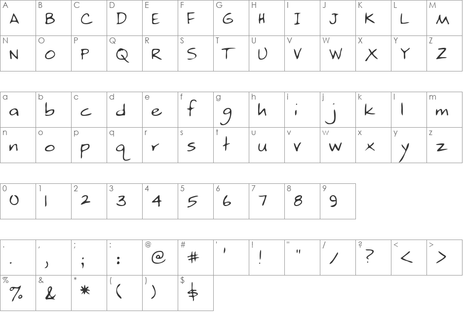 NickysHand font character map preview