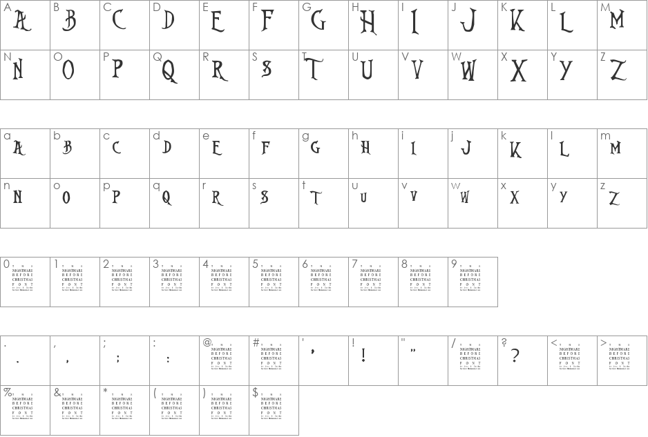 Nightmare Before Christmas font character map preview