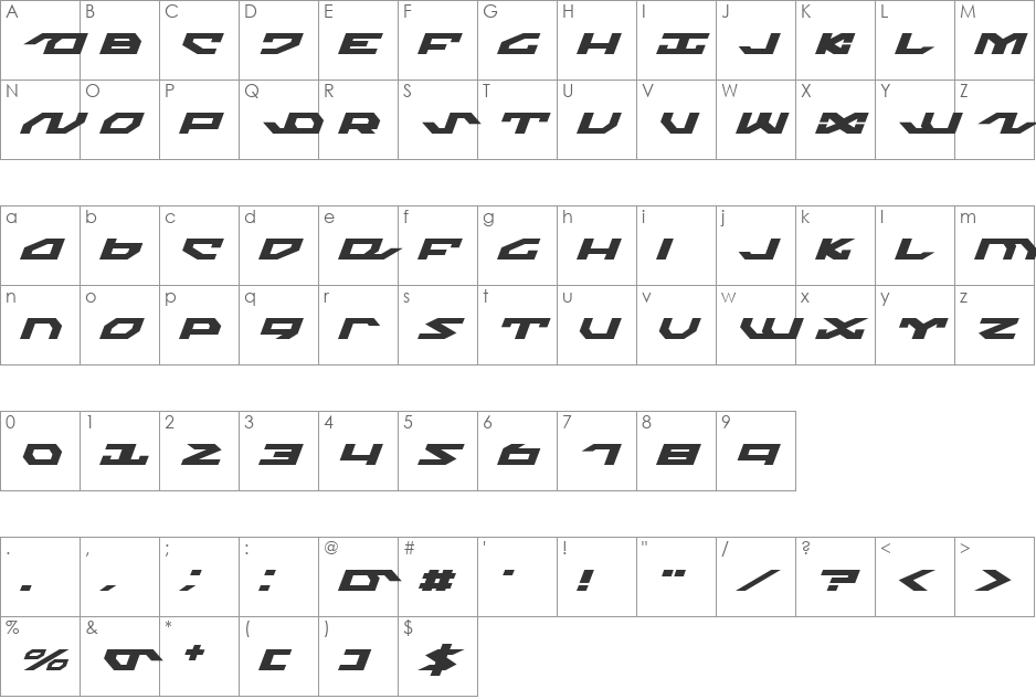 Nightrunner Expanded Italic font character map preview