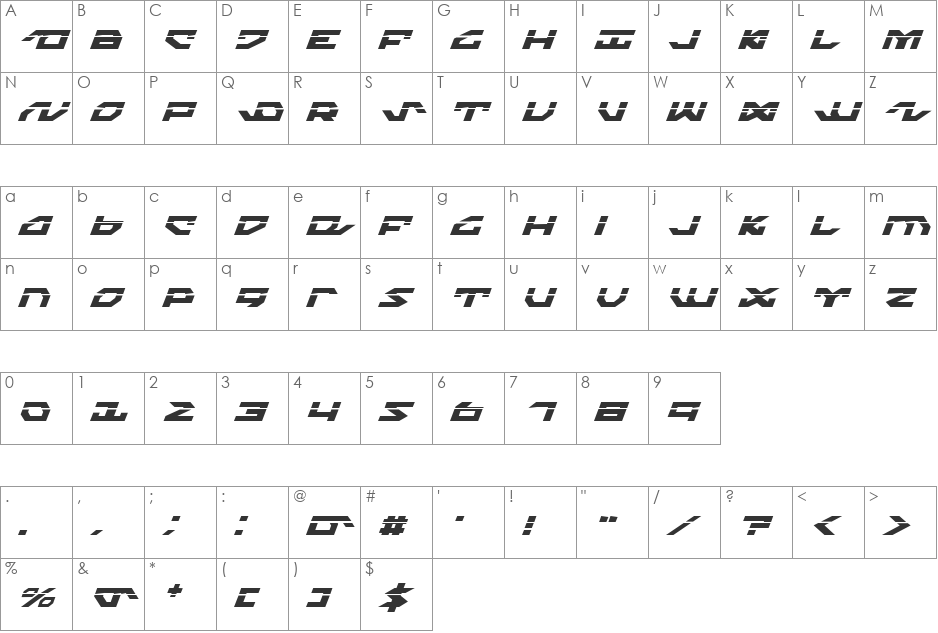 Nightrunner Laser Italic font character map preview