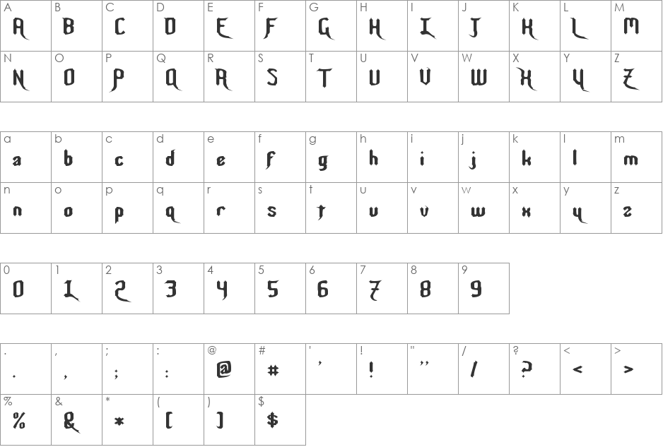 Nightwarrior font character map preview