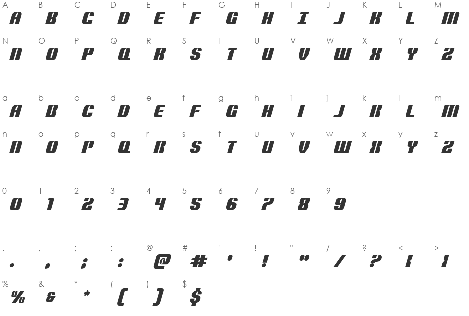 Nightwraith Italic font character map preview