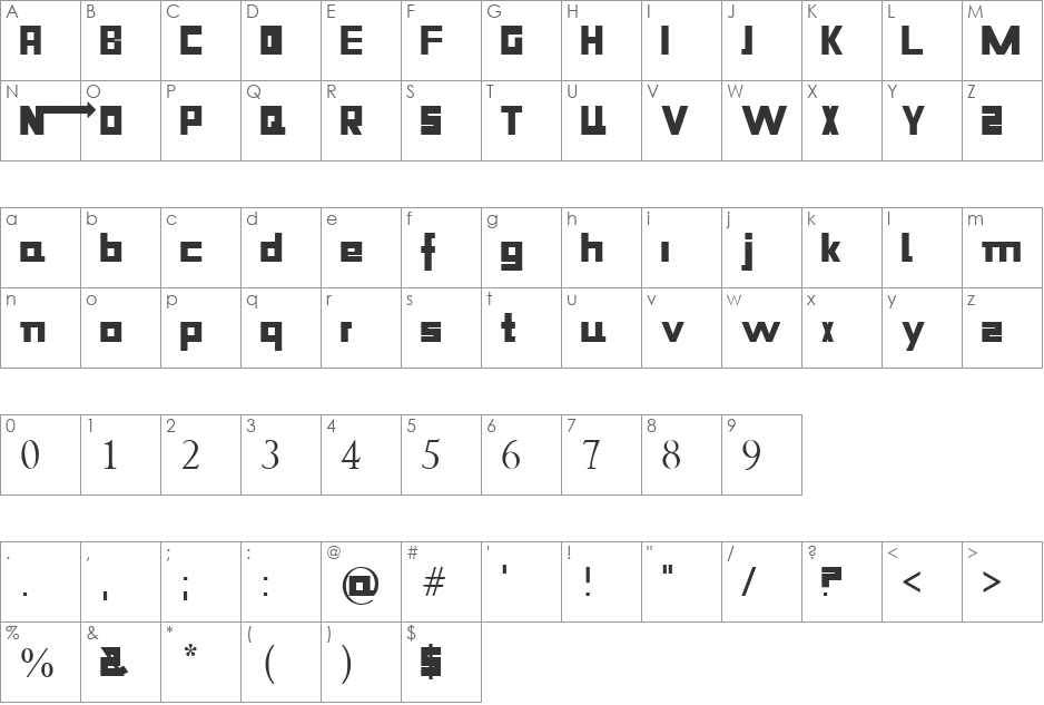 Niiiii-trous font character map preview