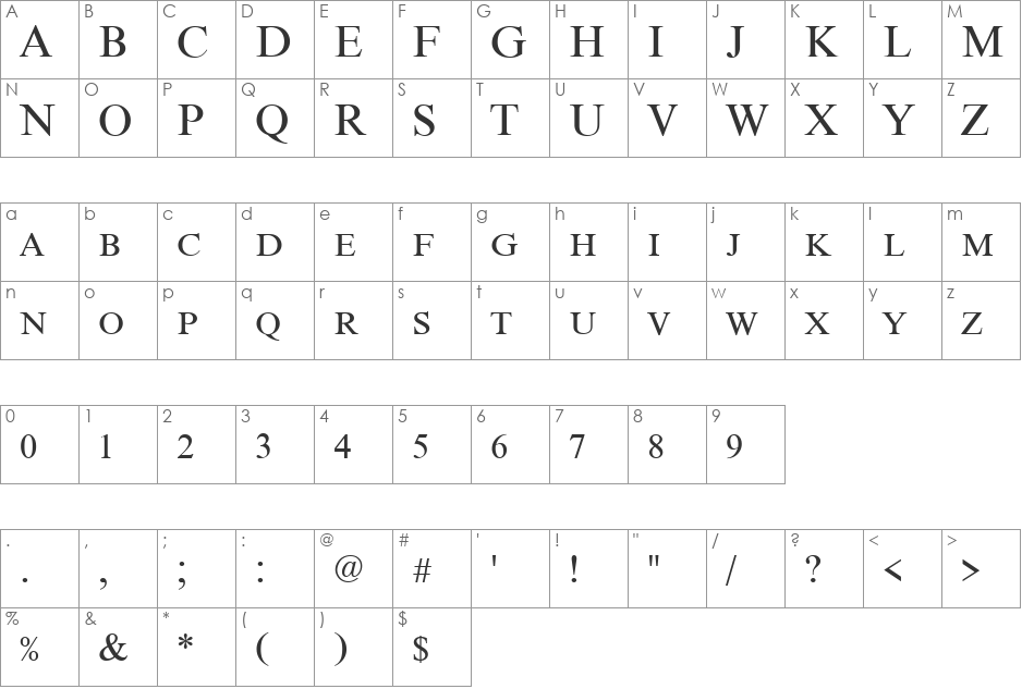 Nimbus Roman Becker No9DCDReg font character map preview